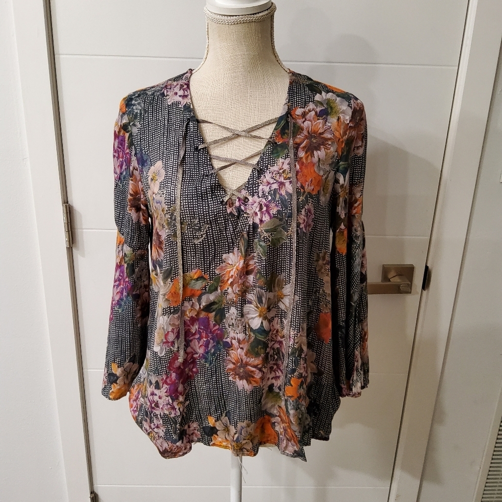 Johnny Was Floral Lace Up Neckline Blouse Size XS